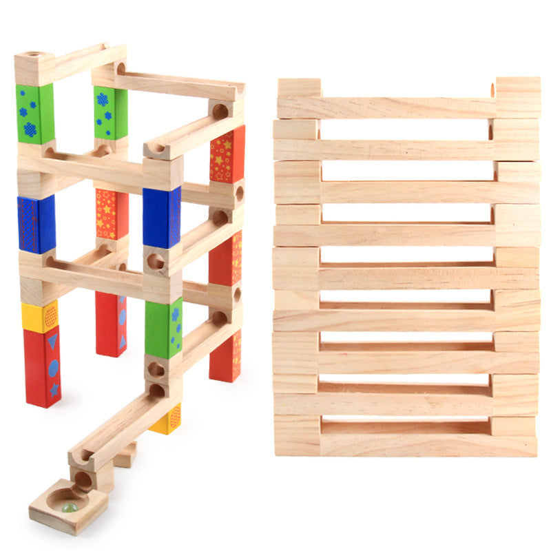 Wooden Marble Run Track Set with Colorful Blocks and Rolling Balls