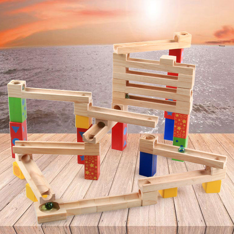 Wooden Marble Run Track Set with Colorful Blocks and Rolling Balls