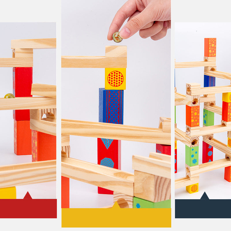 Wooden Marble Run Track Set with Colorful Blocks and Rolling Balls