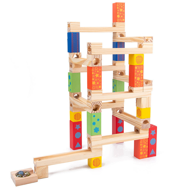 Wooden Marble Run Track Set with Colorful Blocks and Rolling Balls