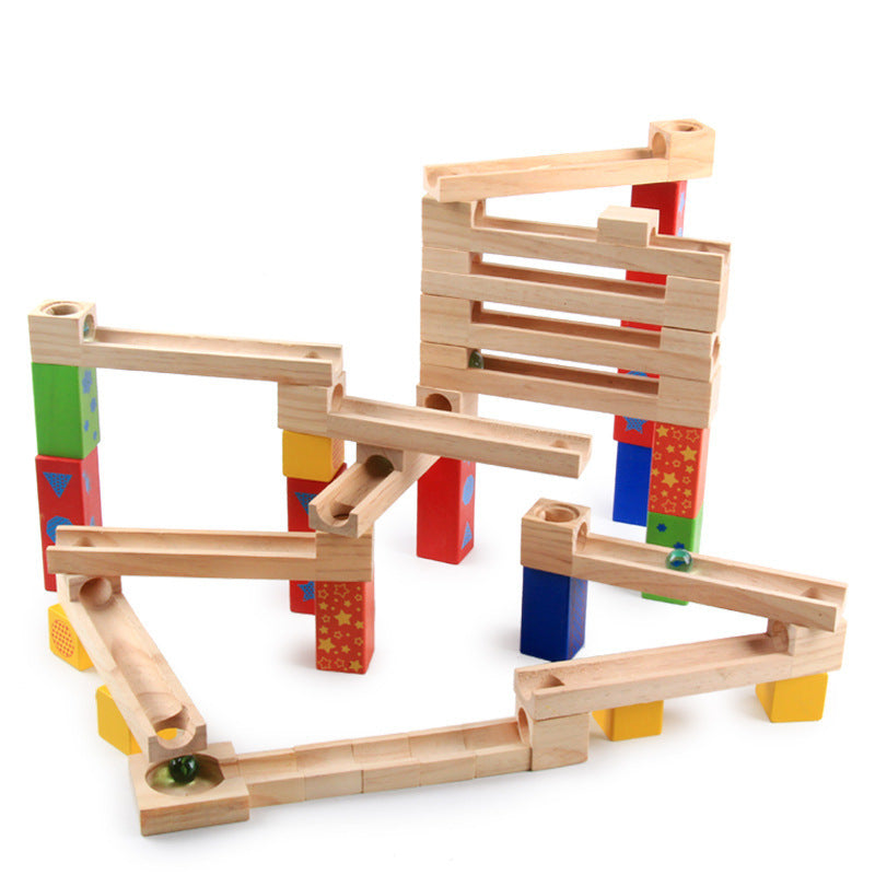 Wooden Marble Run Track Set with Colorful Blocks and Rolling Balls