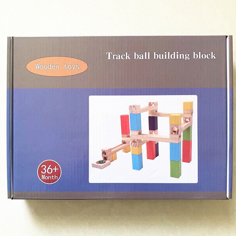 Wooden Marble Run Track Set with Colorful Blocks and Rolling Balls
