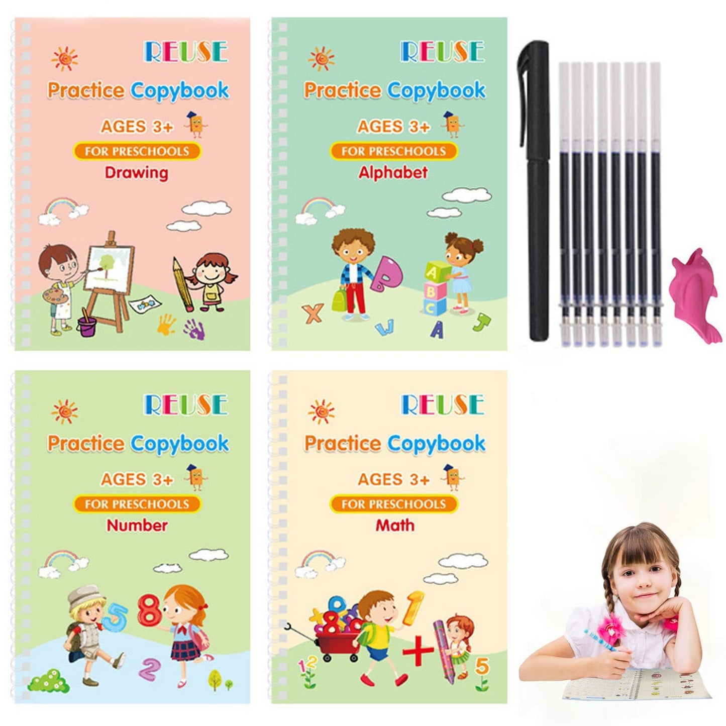 Set of 4 Reusable Grooved Writing Books for Children - Magic Copy Books with Ergonomic Handles