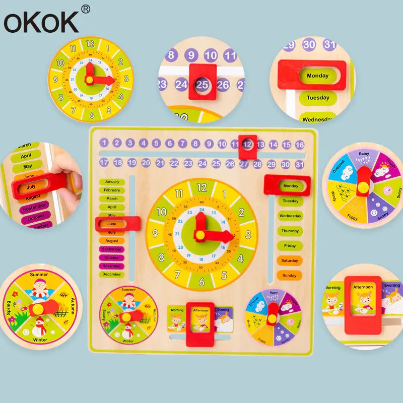 Wooden Calendar Clock Learning Board for Kids