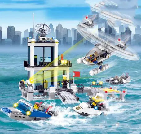 Police Building Block Set – Helicopter, Boats & Station for Kids
