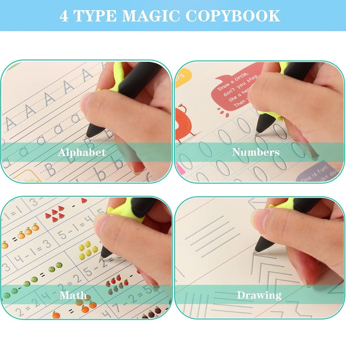 Set of 4 Reusable Grooved Writing Books for Children - Magic Copy Books with Ergonomic Handles