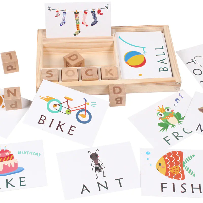 Wooden Spelling Game with Flash Cards & Letter Blocks