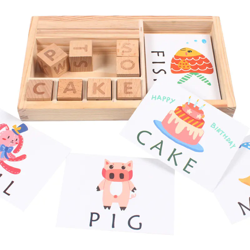 Wooden Spelling Game with Flash Cards & Letter Blocks