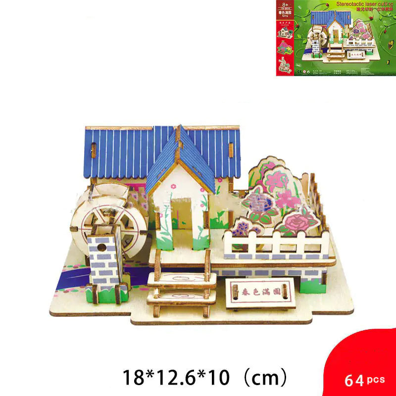 DIY Wooden Watermill House 3D Puzzle for Kids