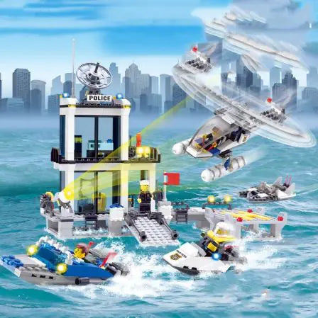 Police Building Block Set – Helicopter, Boats & Station for Kids