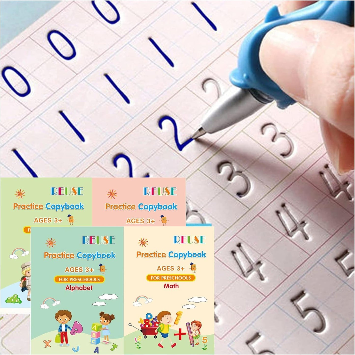 Set of 4 Reusable Grooved Writing Books for Children - Magic Copy Books with Ergonomic Handles