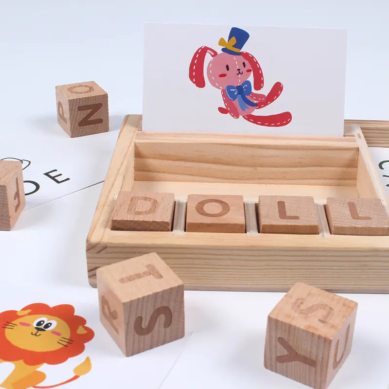 Wooden Spelling Game with Flash Cards & Letter Blocks