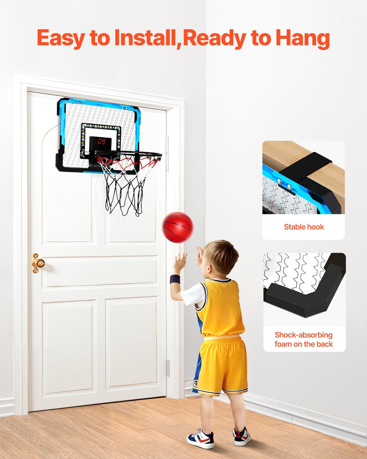Indoor Basketball Hoop With LED Lights & Audio Scoreboard For Kids