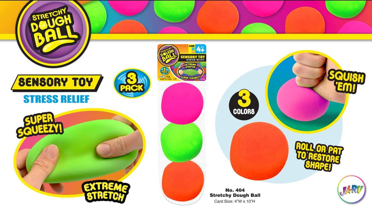 Stretchy Dough Ball Squishy Toys (3 Pack ) Neon Color Sensory Fidget Toys for Kids. Stress Relief Hand Therapy. Office Desk Squeeze Ball. Bulk Toys 401-3P