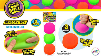 Stretchy Dough Ball Squishy Toys (3 Pack ) Neon Color Sensory Fidget Toys for Kids. Stress Relief Hand Therapy. Office Desk Squeeze Ball. Bulk Toys 401-3P