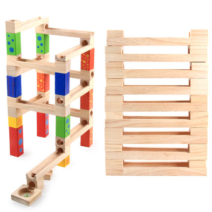 Wooden Marble Run Track Set with Colorful Blocks and Rolling Balls