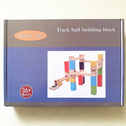 Wooden Marble Run Track Set with Colorful Blocks and Rolling Balls