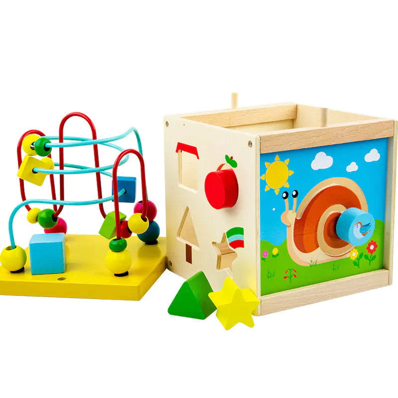 5-in-1 Wooden Activity Cube – Shape, Gear & Bead Maze