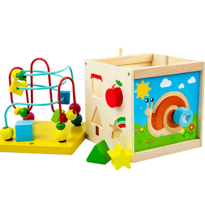 5-in-1 Wooden Activity Cube – Shape, Gear & Bead Maze
