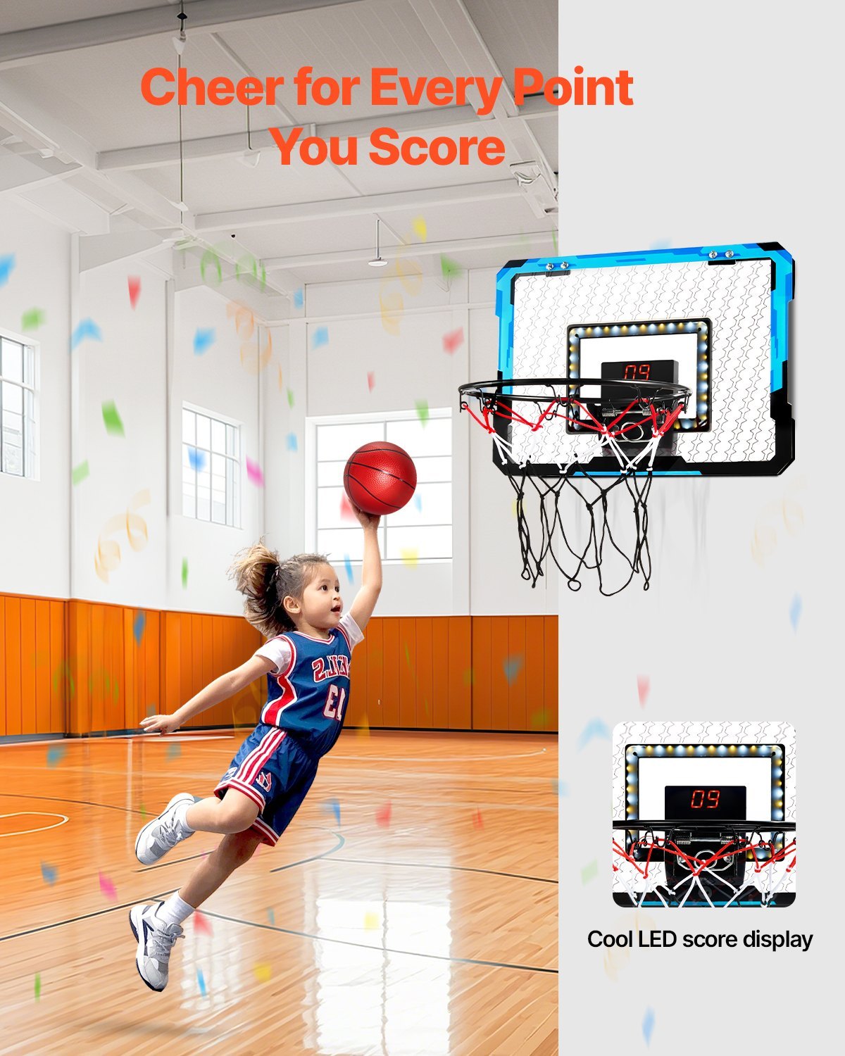 Indoor Basketball Hoop With LED Lights & Audio Scoreboard For Kids