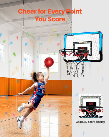 Indoor Basketball Hoop With LED Lights & Audio Scoreboard For Kids