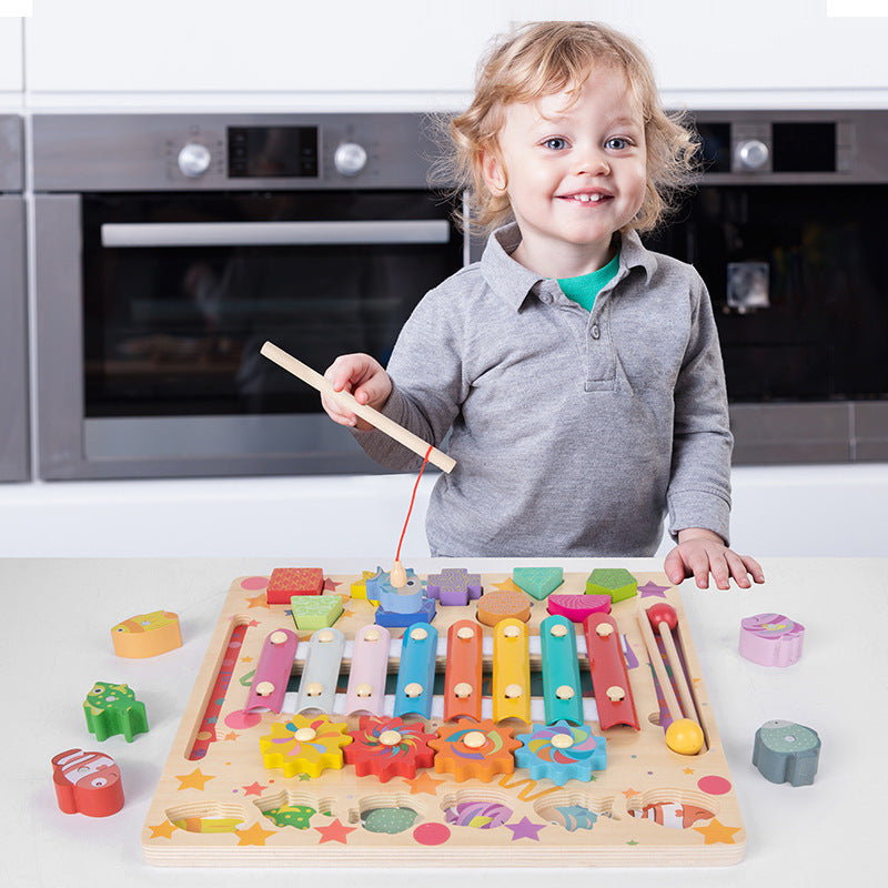 Wooden Busy Board for Toddlers – Fishing, Xylophone & Puzzle