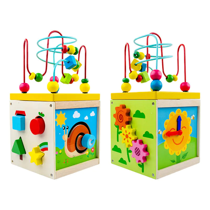 5-in-1 Wooden Activity Cube – Shape, Gear & Bead Maze
