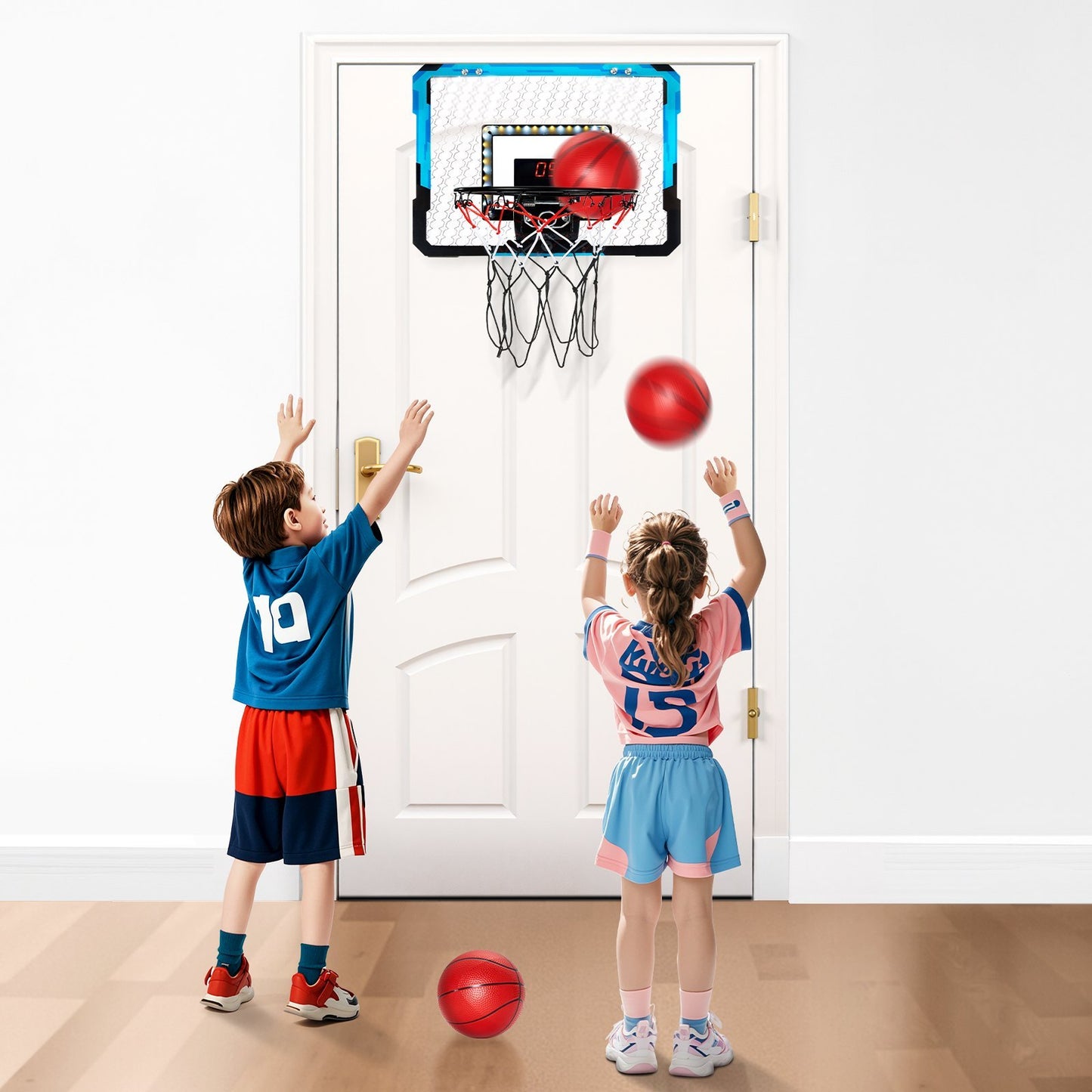 Indoor Basketball Hoop With LED Lights & Audio Scoreboard For Kids