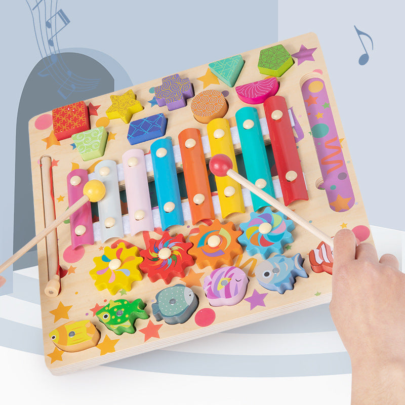 Wooden Busy Board for Toddlers – Fishing, Xylophone & Puzzle
