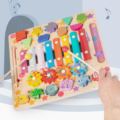Wooden Busy Board for Toddlers – Fishing, Xylophone & Puzzle