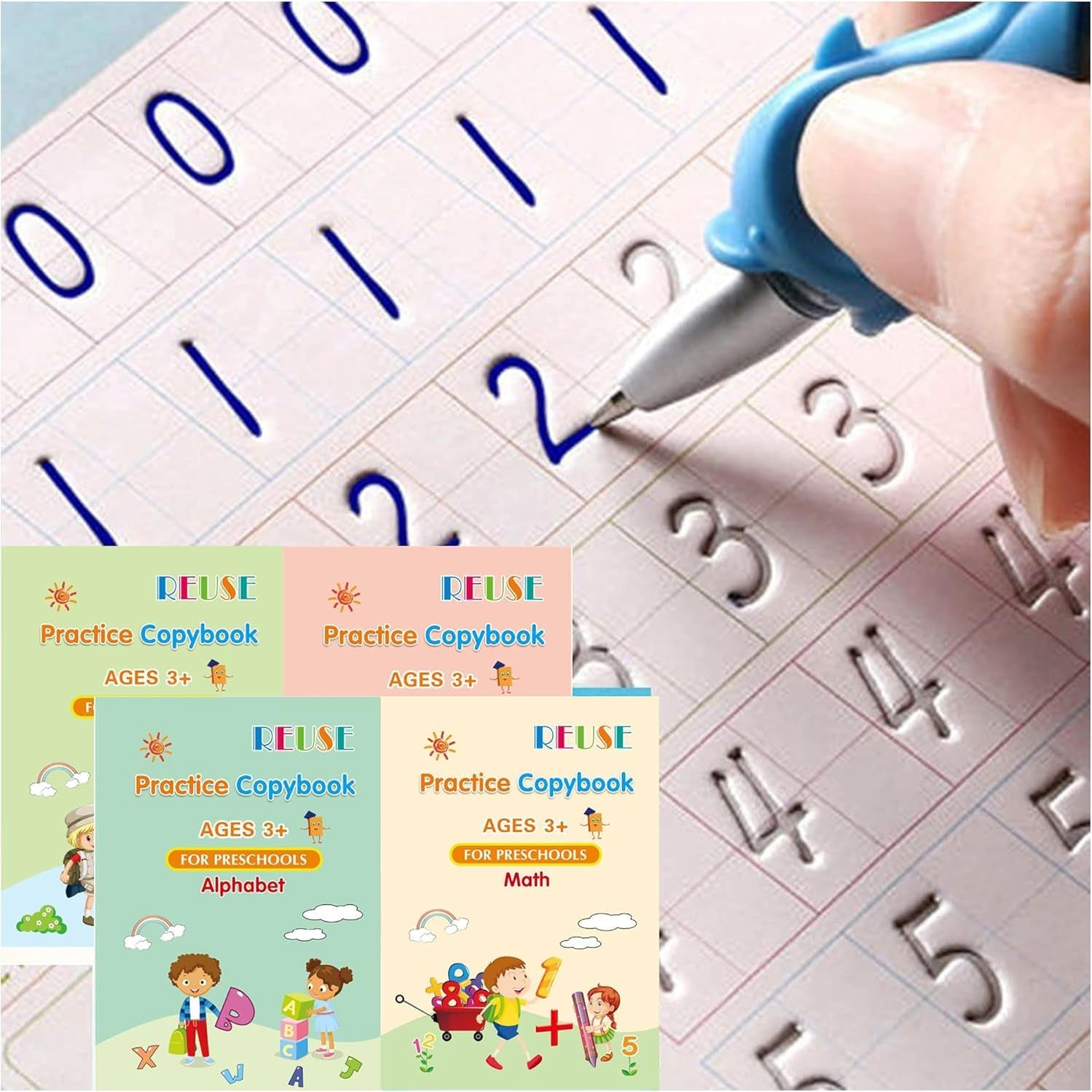 Set of 4 Reusable Grooved Writing Books for Children - Magic Copy Books with Ergonomic Handles