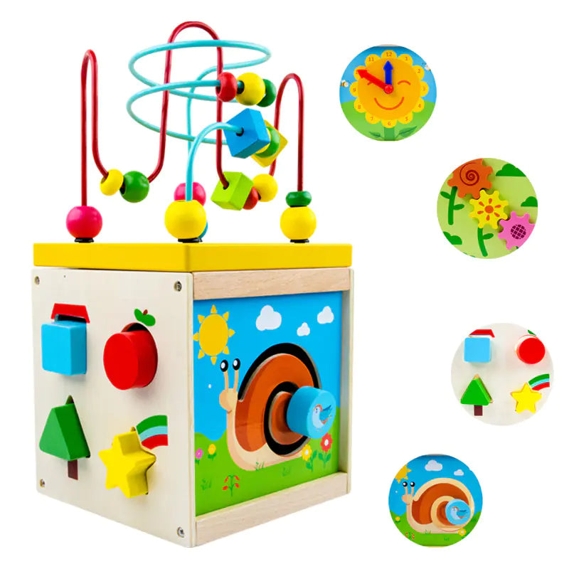 5-in-1 Wooden Activity Cube – Shape, Gear & Bead Maze
