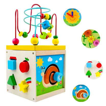 5-in-1 Wooden Activity Cube – Shape, Gear & Bead Maze