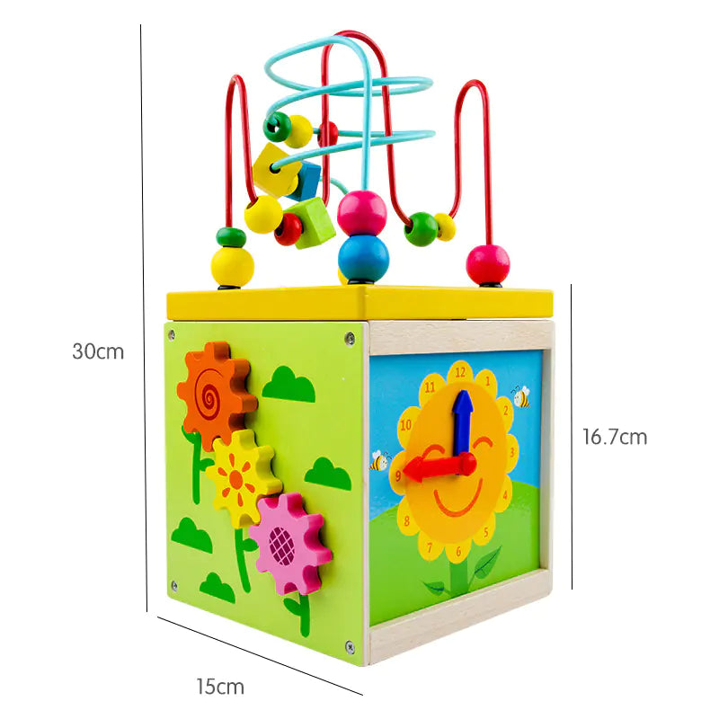 5-in-1 Wooden Activity Cube – Shape, Gear & Bead Maze