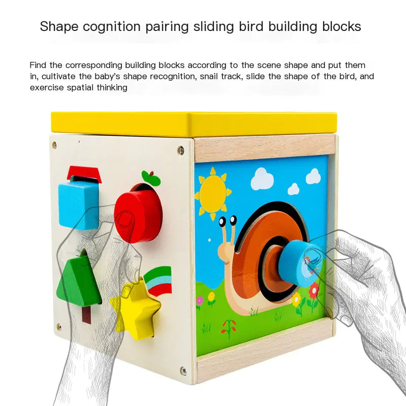 5-in-1 Wooden Activity Cube – Shape, Gear & Bead Maze