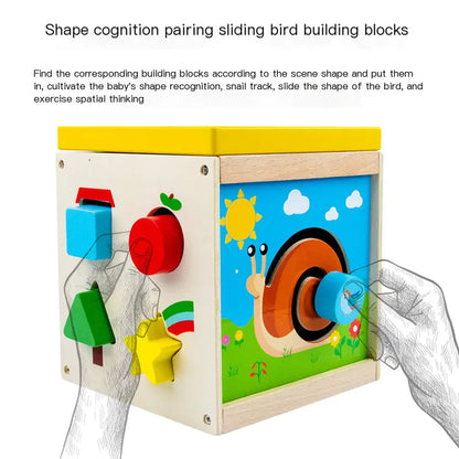 5-in-1 Wooden Activity Cube – Shape, Gear & Bead Maze